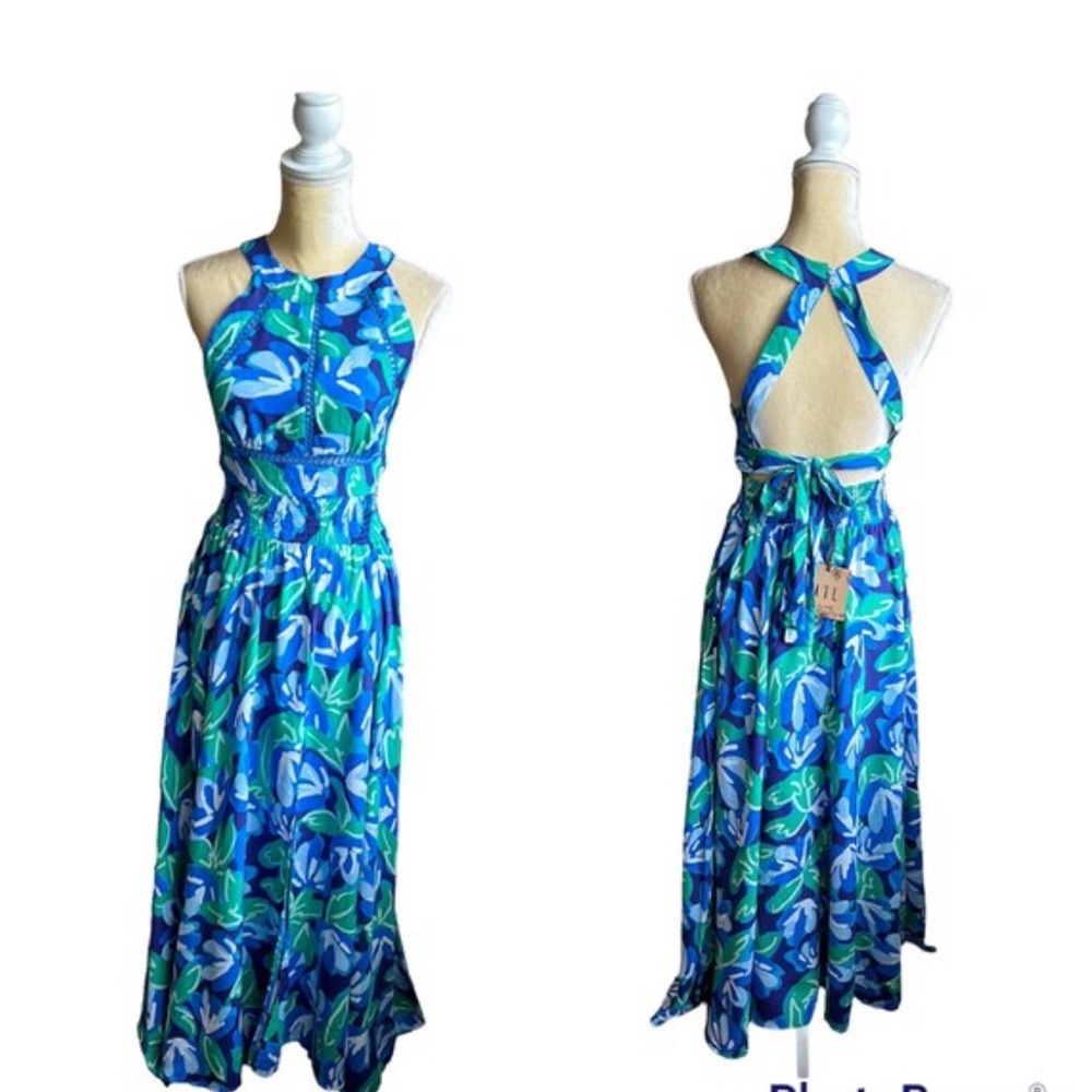 Abel the Label Anthropologie Rumi Maxi Dress NWT Blue Green Sexy Back